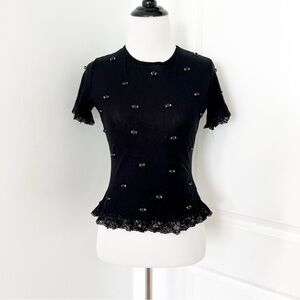 Vintage Tina Hagen Black Rosette Embellished Short Sleeve Mesh Top - Small